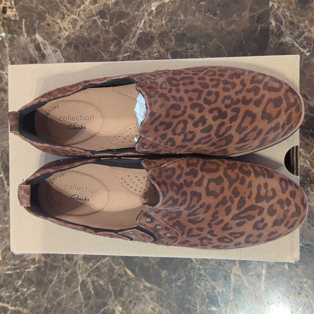 Clark Collection Studded Slip on Shoe Boot Brown Animal Print